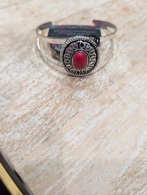 Silver-Tone Bracelet with Red Cabochon Accent